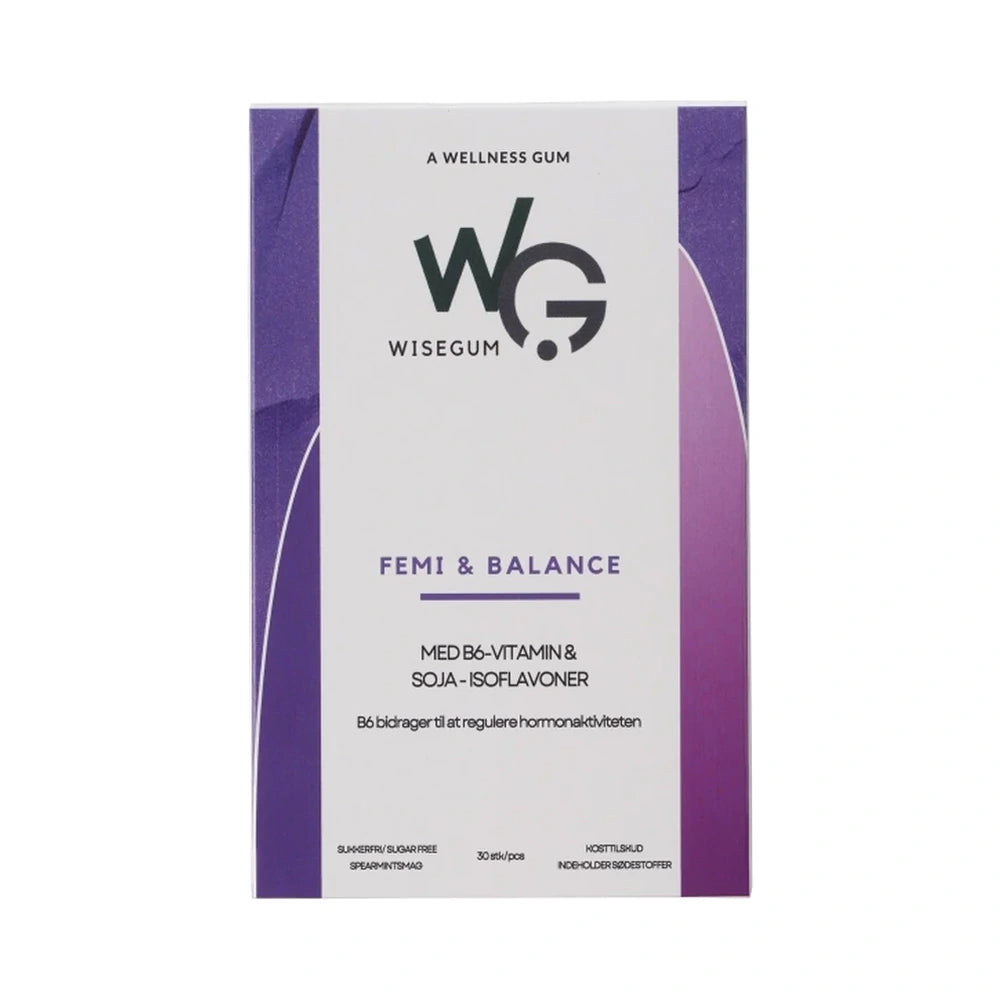 Pakning med WiseGum Femi & Balance tyggegummi med soja-isoflavoner, 30 stk