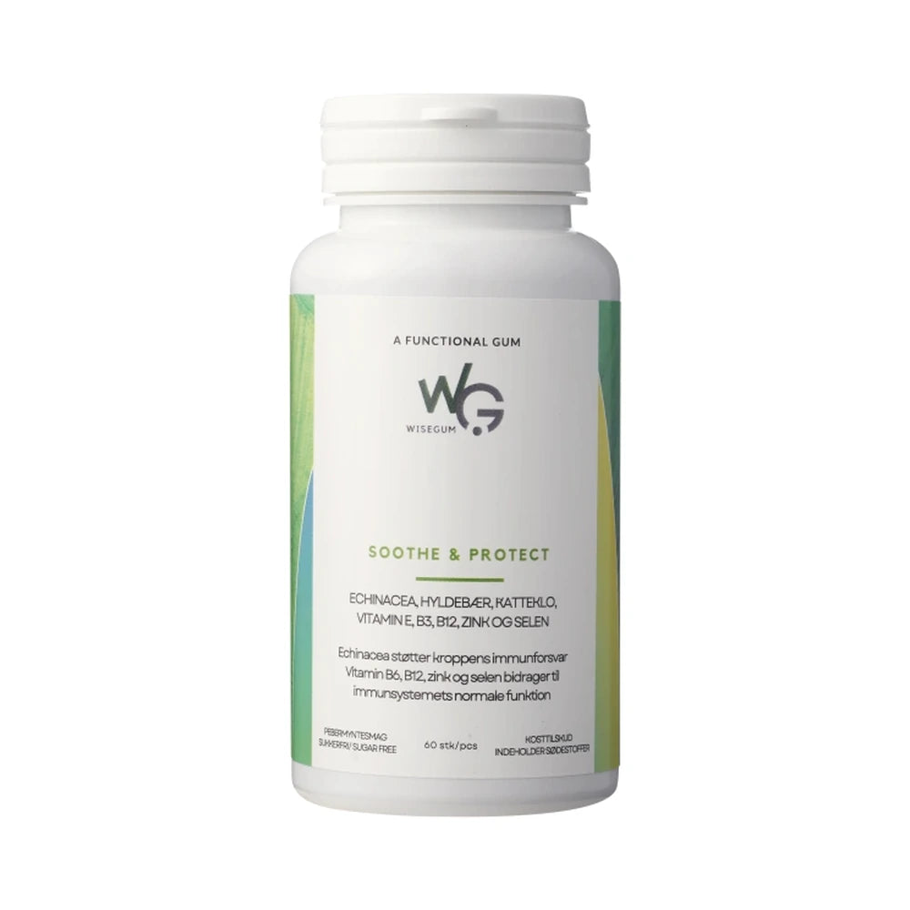 Pakning med WiseGum Soothe & Protect tyggegummi, kosttilskud, 60 stk