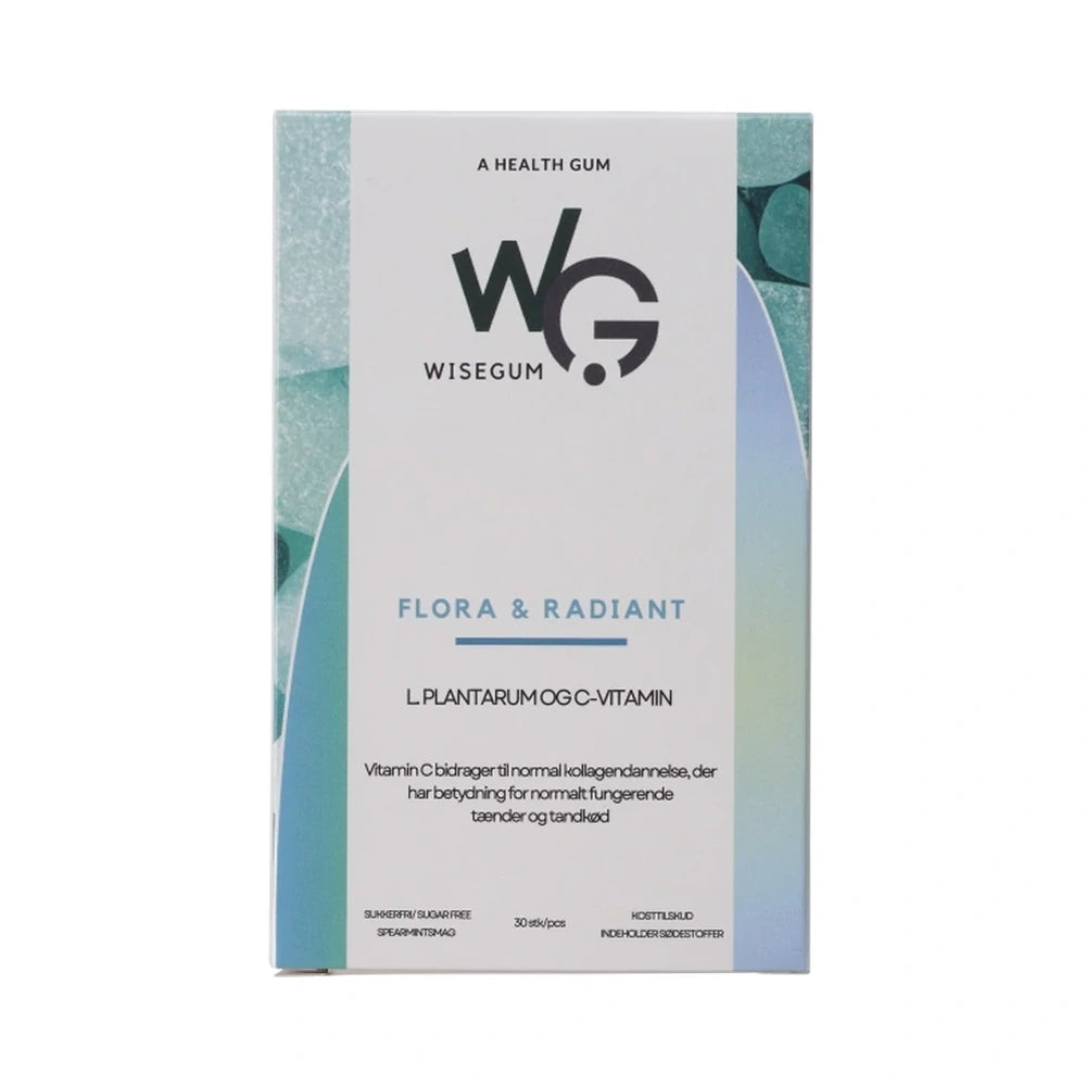 Pakning med WiseGum Flora & Radiant tyggegummi med C-vitamin, 30 stk