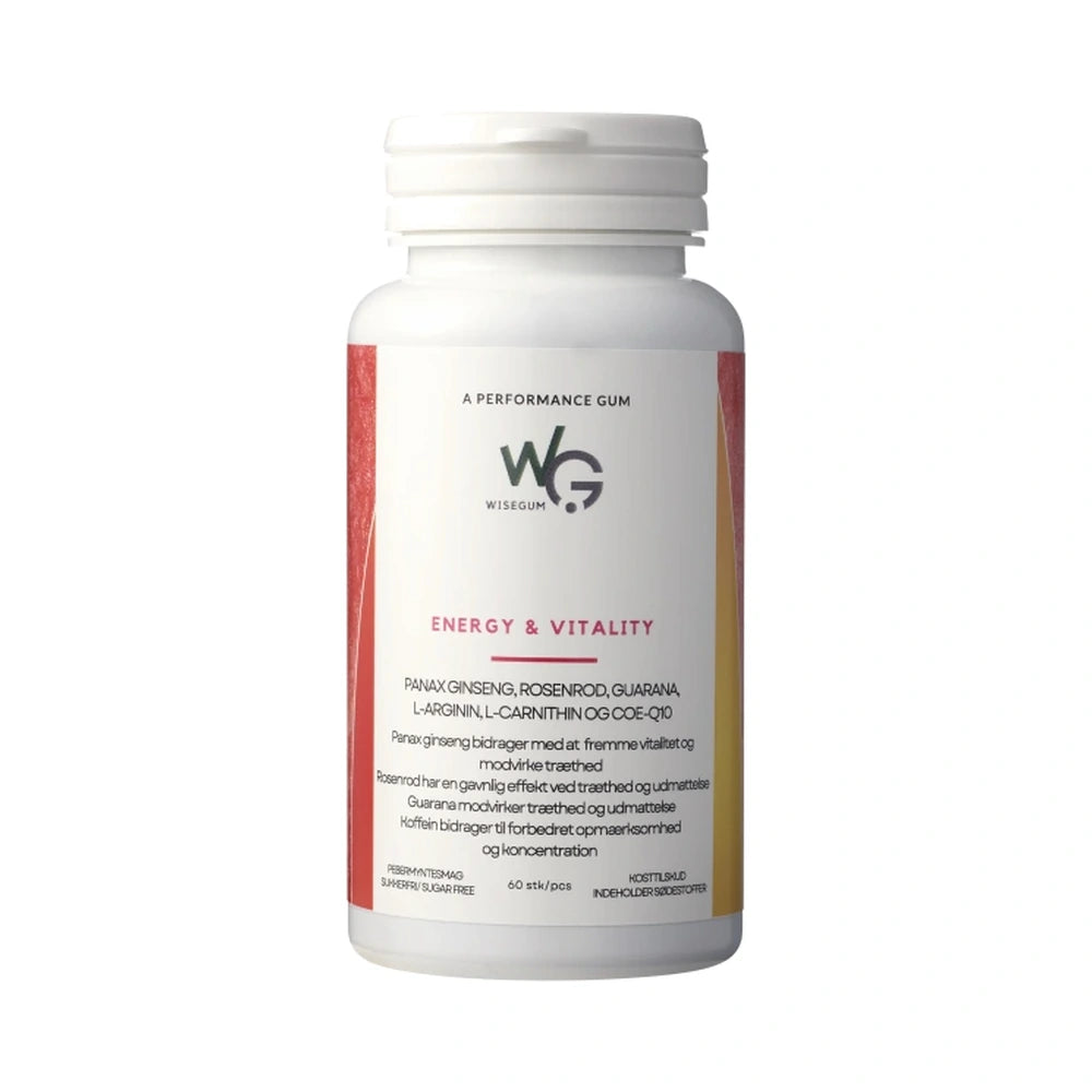 Pakning med WiseGum Energy & Vitality tyggegummi med guarana, 60 stk