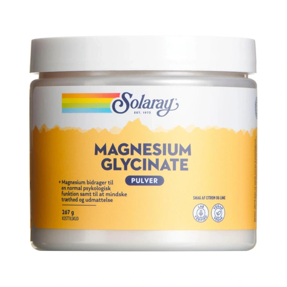 Beholder med Solaray Magnesium Glycinate pulver, citron og lime, 267 g