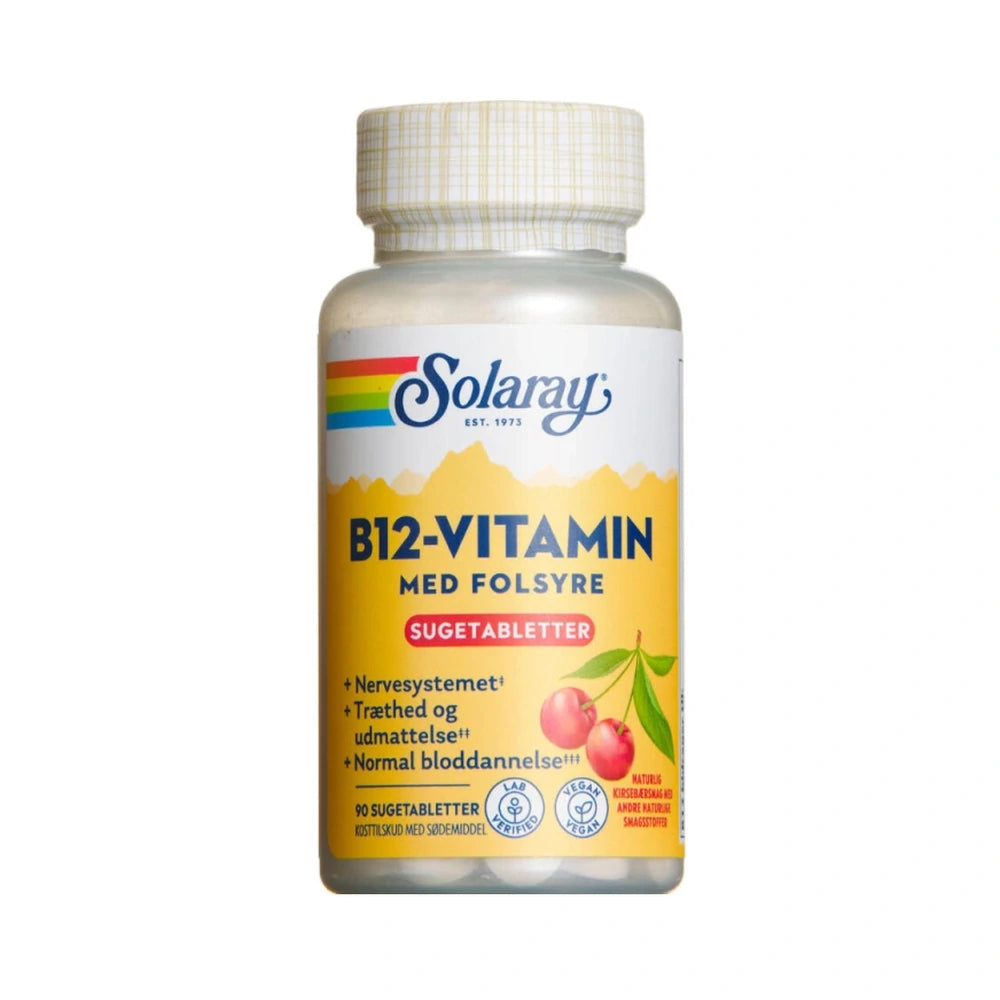 Solaray B12-vitamin med folsyre, pakke med 90 sugetabletter
