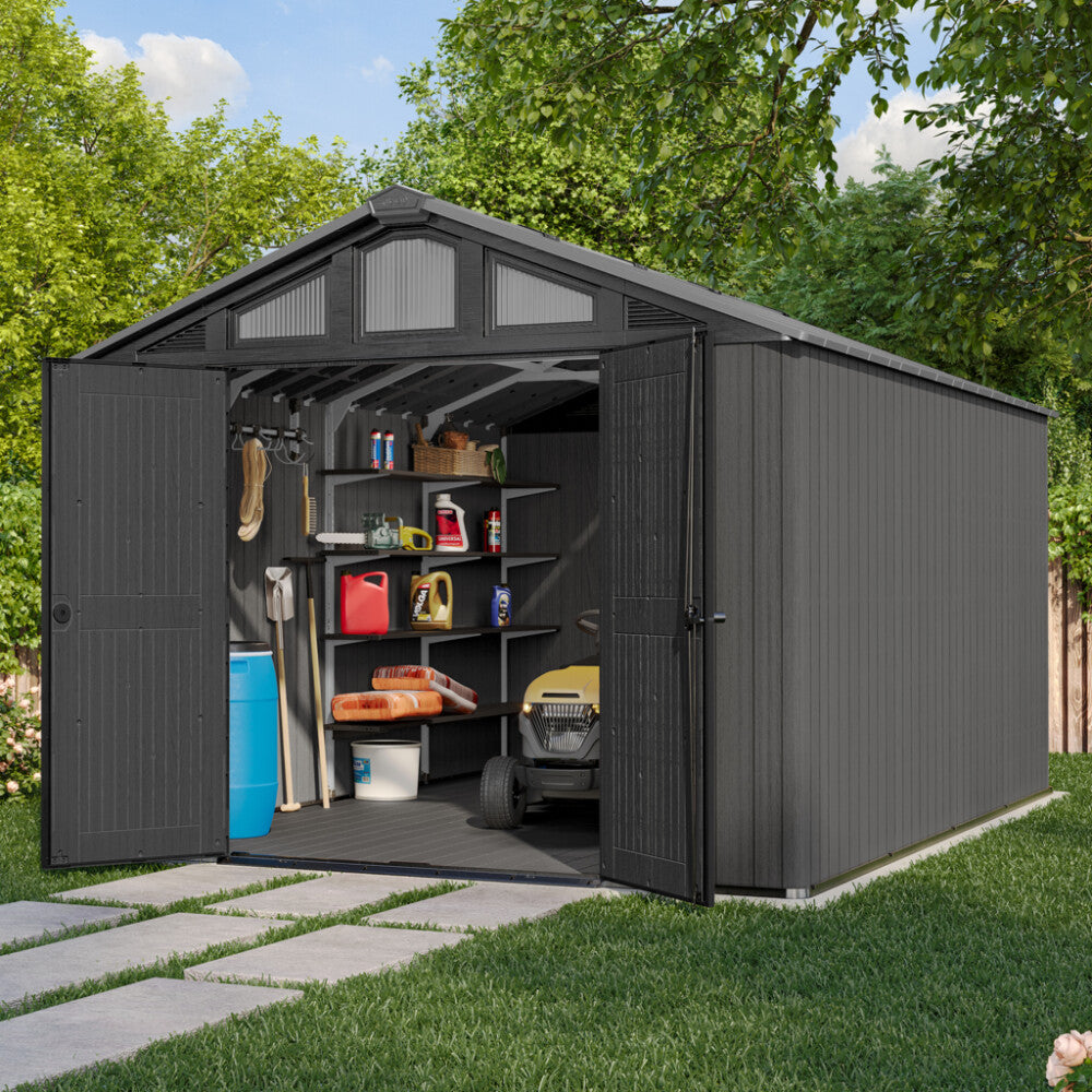 Grå Keter Stronghold 10x15 haveskur i resin med trælook