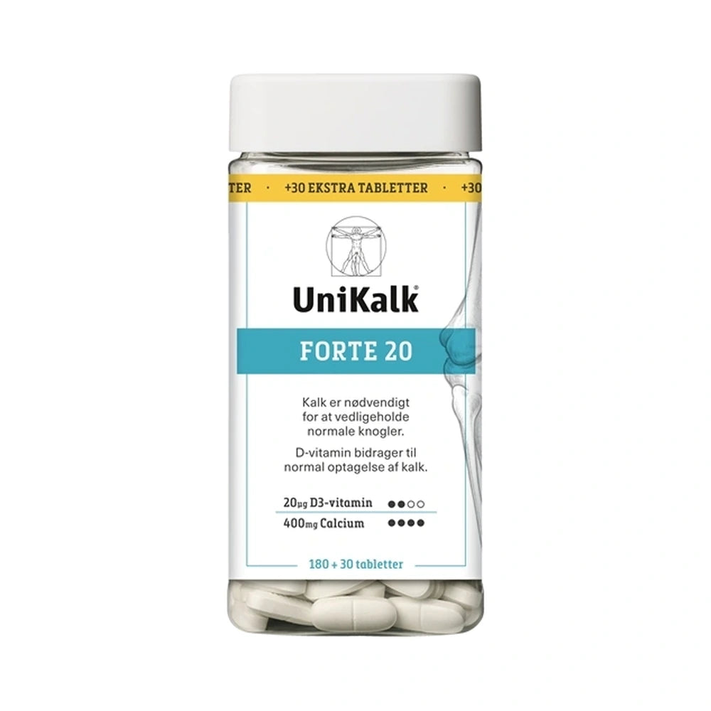 UniKalk Forte 20 kosttilskud med calcium og D-vitamin, pakke med 210 tabletter