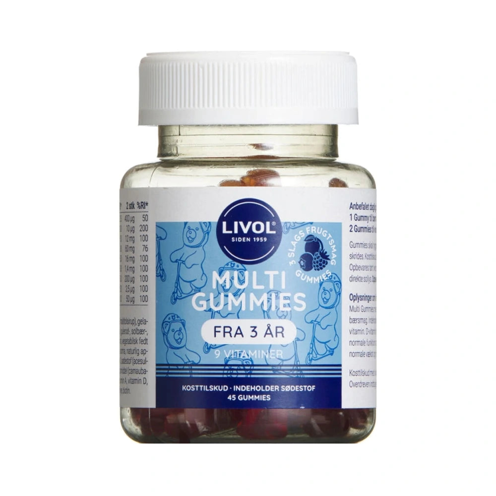 Livol Multi Original vitamin-gummies med smag af hindbær, appelsin og blåbær