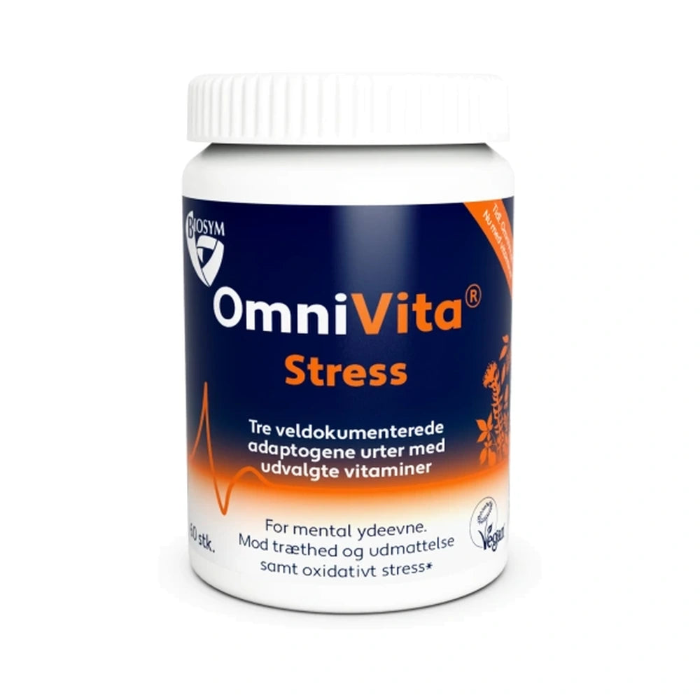 Pakning med Biosym OmniVita Stress kosttilskud med urter og vitaminer