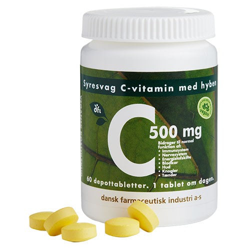 Pakke med Grønne dfi vitaminer C500 mg syresvag C-vitamin, 60 tabletter