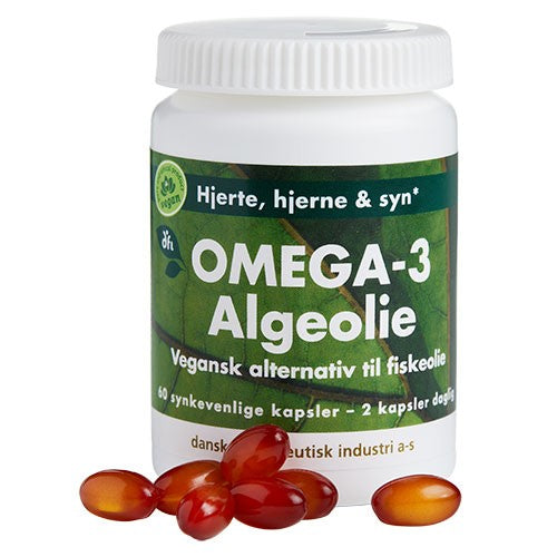 Pakke med Grønne dfi vitaminer Omega-3 Algeolie, 60 kapsler