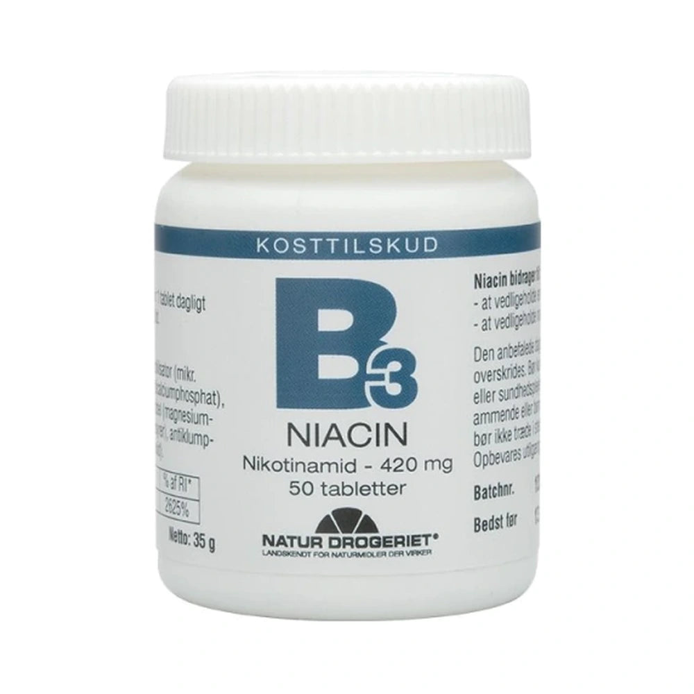 Natur Drogeriet Niacin nikotinamid 420 mg, glas med 50 tabletter
