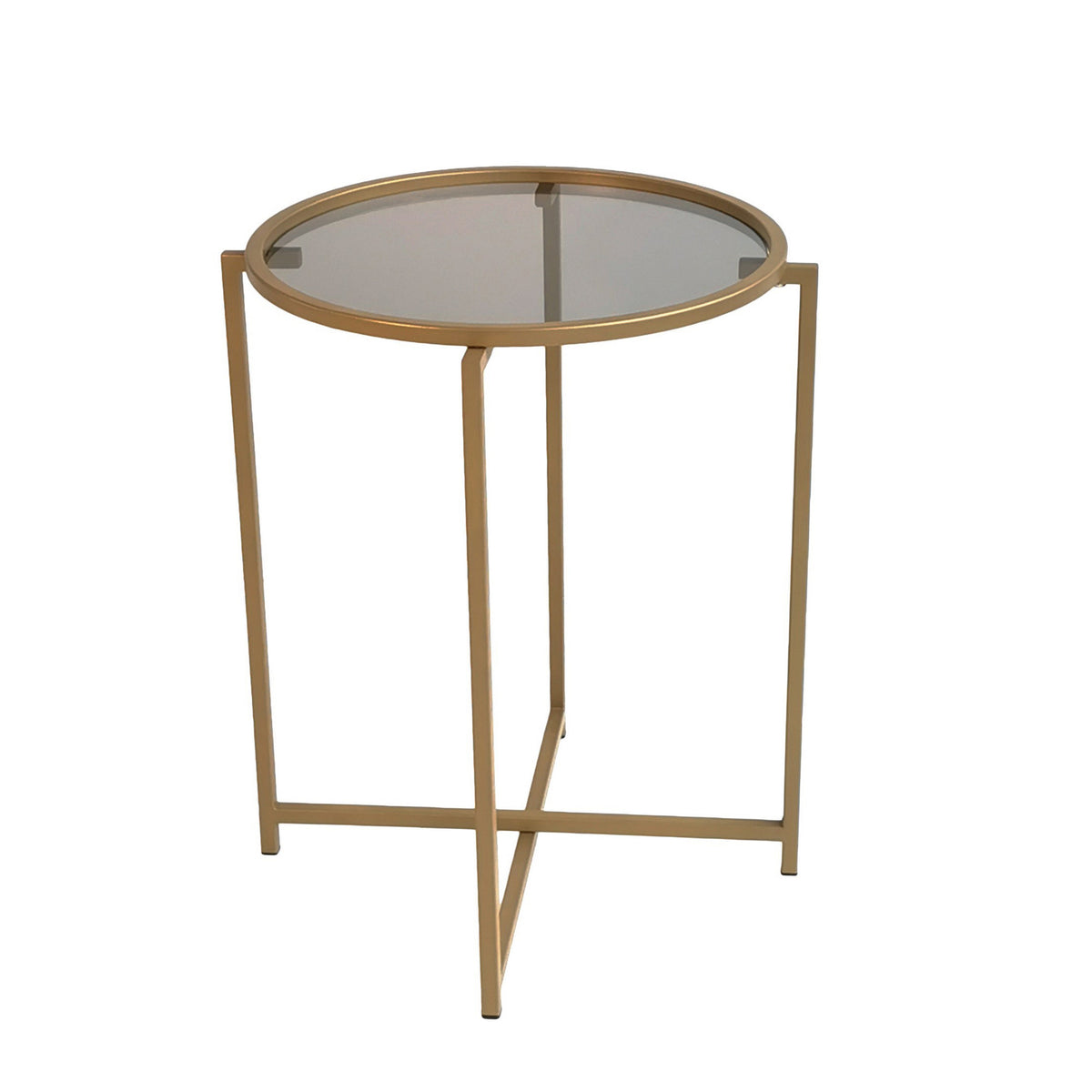 Nordvärk S407 rundt sofabord i røgfarvet glas og guld metal, Ø 50 cm