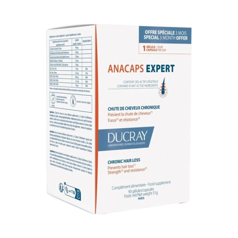 Pakning med Ducray Anacaps Expert, vegansk kosttilskud, 90 stk