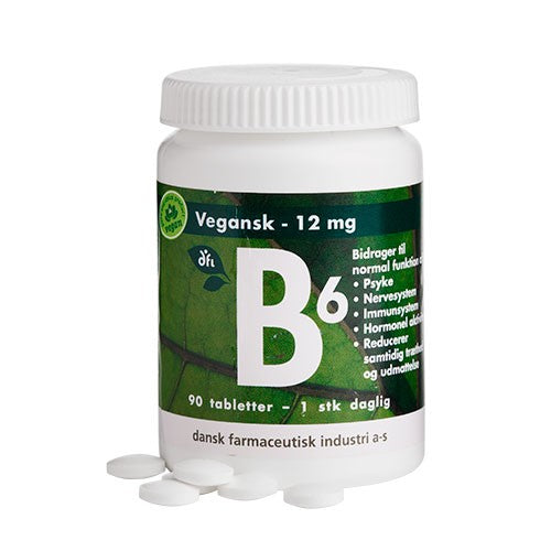 Pakning med vegansk B6-vitamin 12 mg, 90 tabletter, fra Grønne dfi vitaminer
