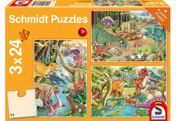 Schmidt børnepuslespil Dinosaur Fun, tre puslespil med 24 brikker