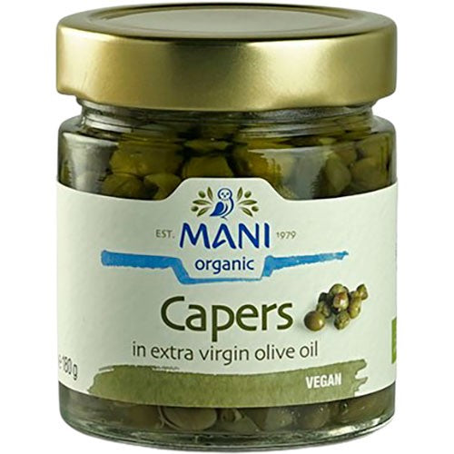 Glas med økologiske kapers i olivenolie, 180 gram, fra Mani Organic