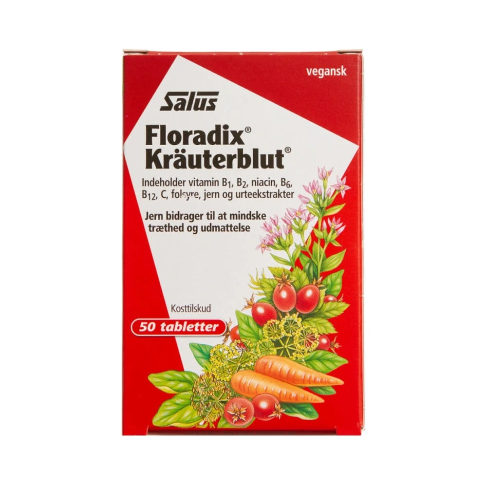 Pakning med Salus Floradix Kräuterblut jerntabletter, 50 stk
