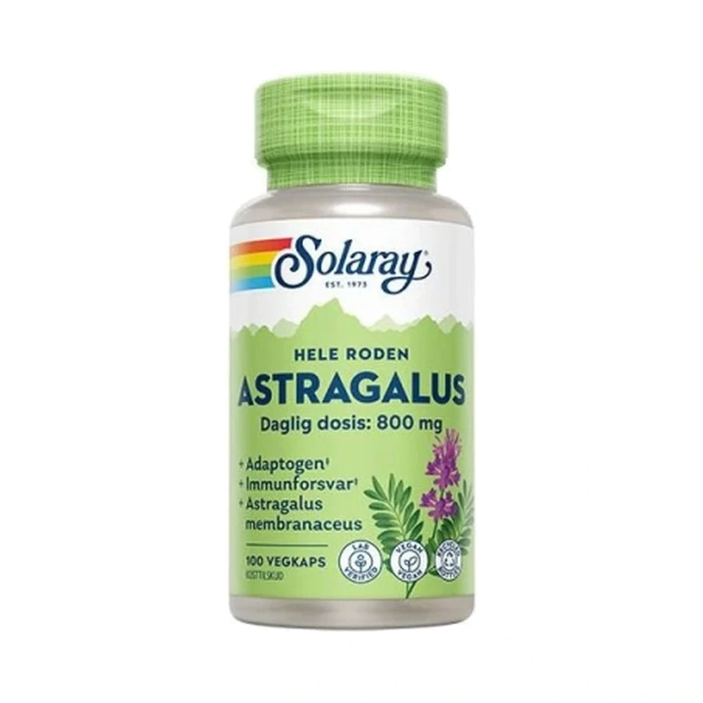 Beholder med Solaray Astragalus, kosttilskud med astragelrod i kapselform