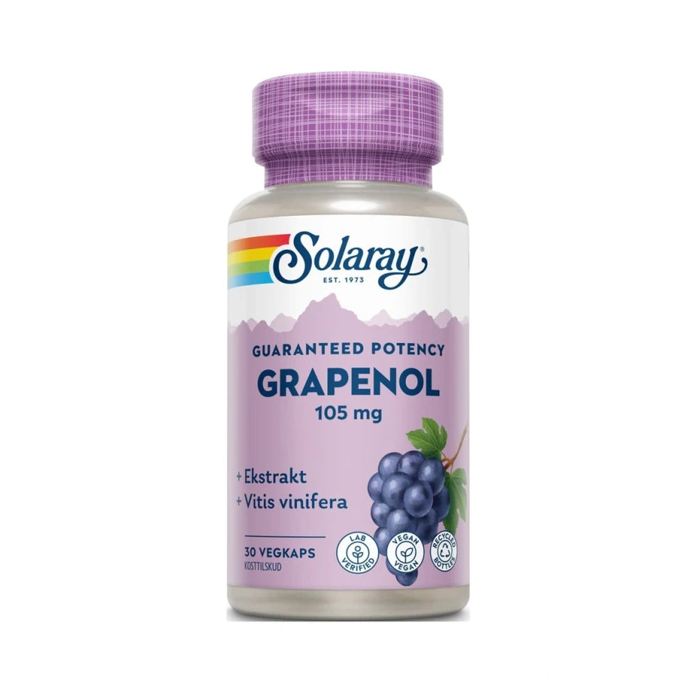 Pakning med Solaray Grapenol, kosttilskud med vindruekerne- og citronfrugtekstrakt, 30 kapsler