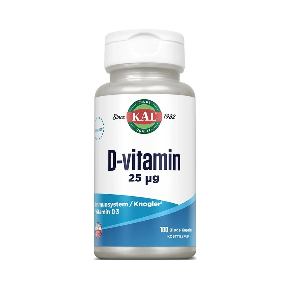 Pakning med KAL D-vitamin 25 µg, kosttilskud i bløde kapsler, 100 stk