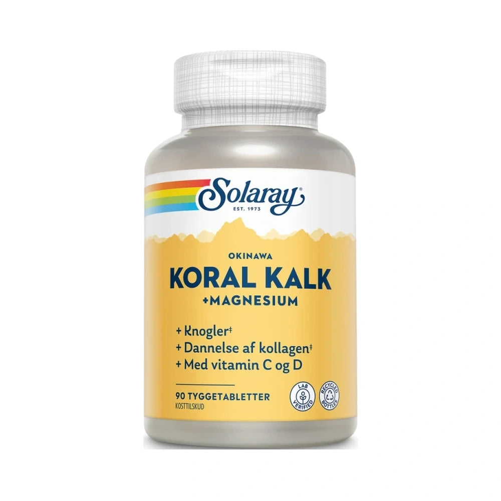 Pakning med Solaray Koral Kalk + Magnesium, tyggetabletter med frugtsmag, 90 stk
