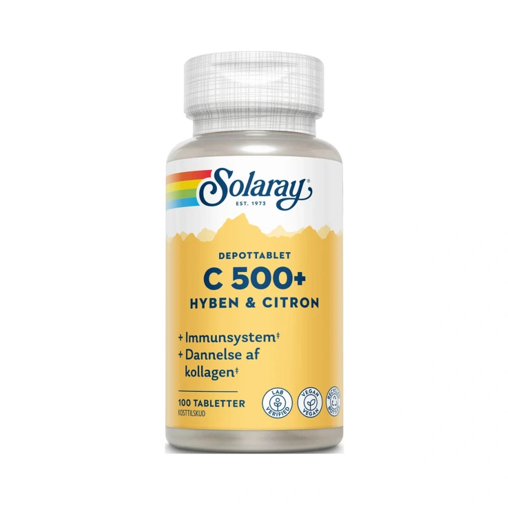 Pakning med Solaray C 500+ Hyben og Citron, vegansk C-vitamin i depottabletter, 100 stk