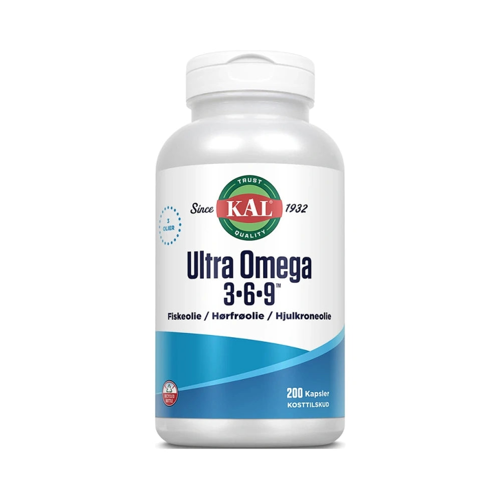 Pakning med KAL Ultra Omega 3-6-9, kosttilskud med fiskeolie og planteolier, 200 kapsler