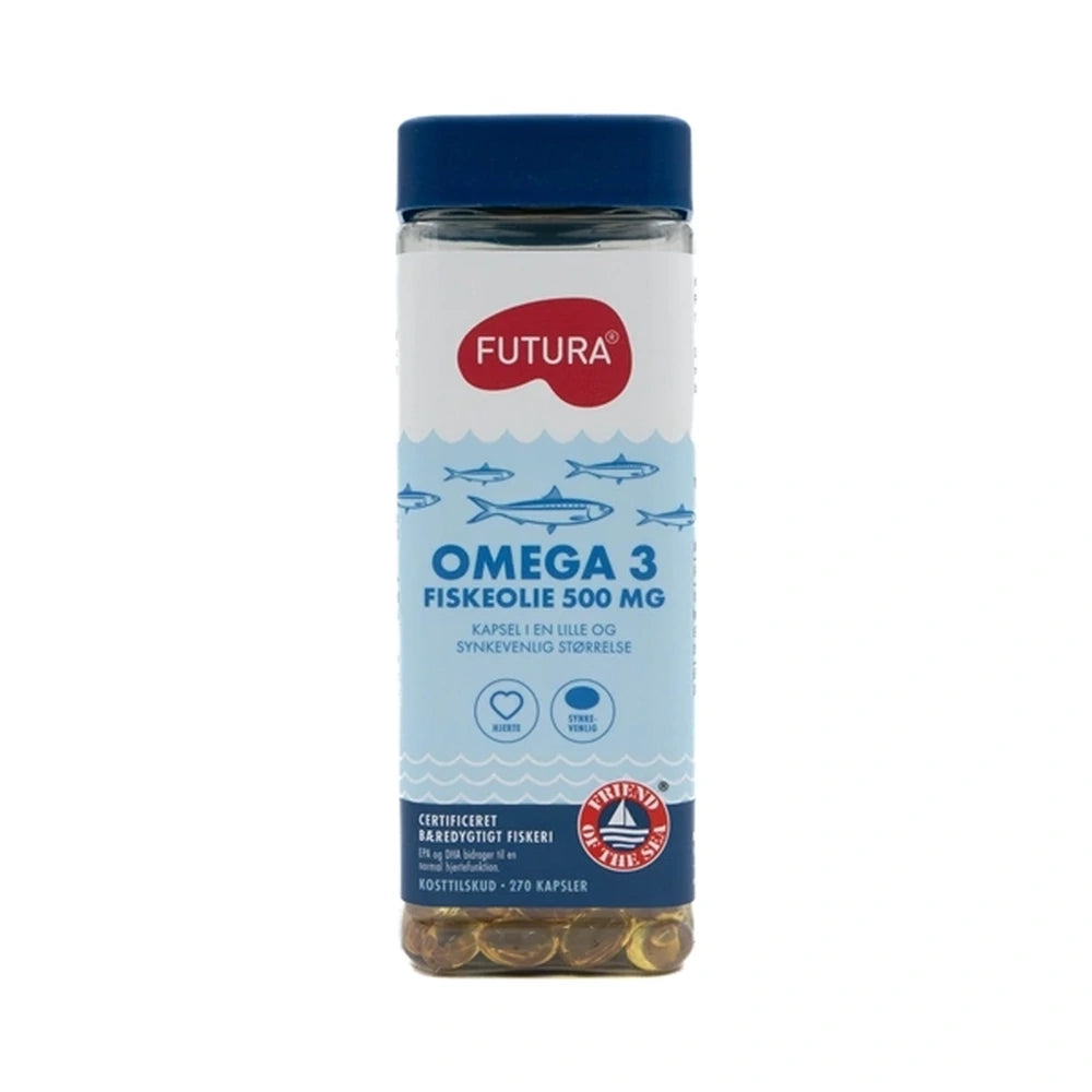 Pakning med Futura Omega 3 Fiskeolie 500 mg, kosttilskud med EPA og DHA, 270 stk