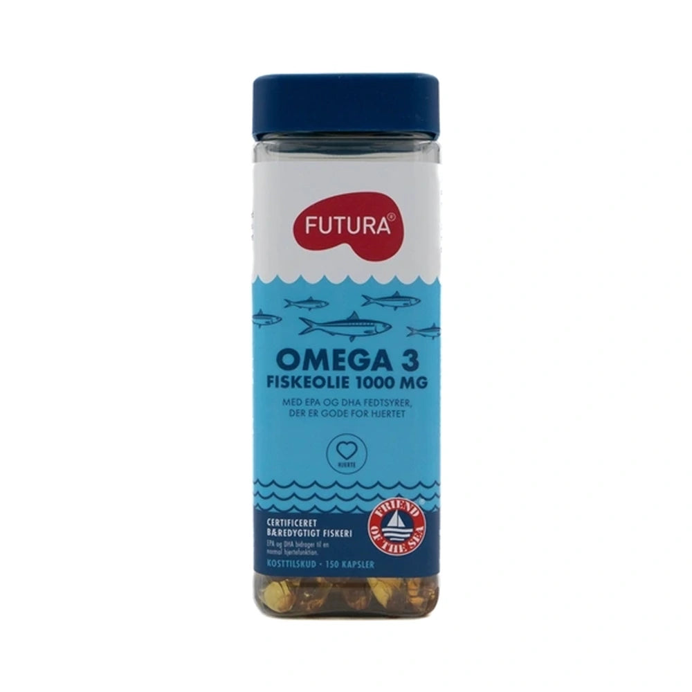 Pakning med Futura Omega 3 Fiskeolie 1000 mg, kosttilskud med EPA og DHA, 150 kapsler