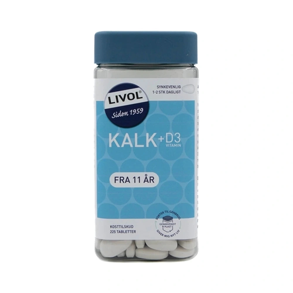 Pakning med Livol Kalk + D-vitamin, kosttilskud med calcium og vitamin D3, 225 tabletter