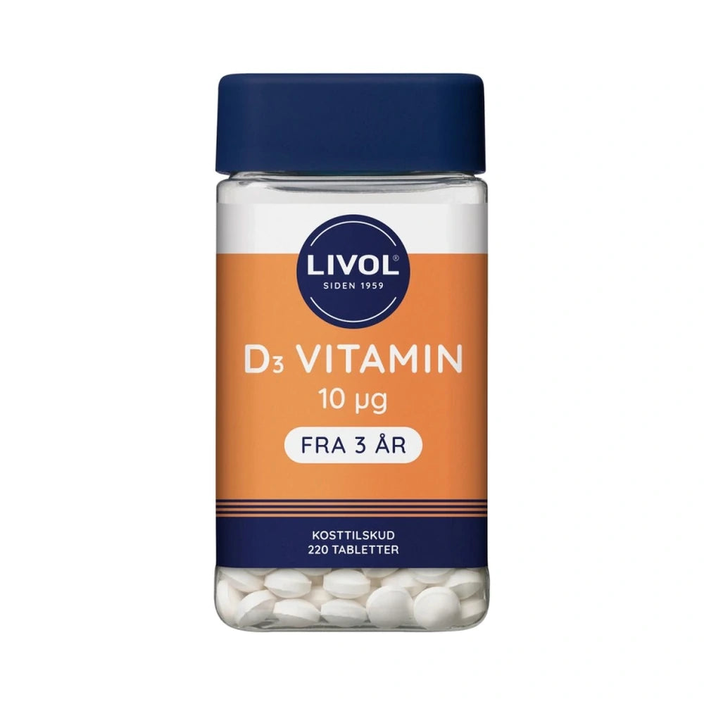 Pakning med Livol D3 vitamin 10 µg, 220 tabletter, kosttilskud med D-vitamin
