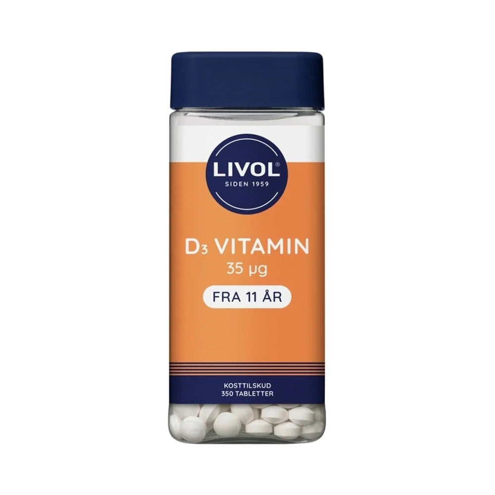 Pakning med Livol D-vitamin 35 µg, gelatinefrit kosttilskud i tabletform, 350 tabletter