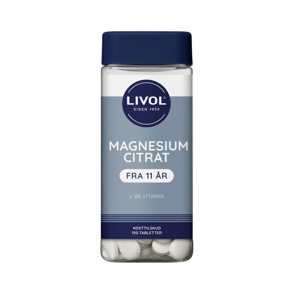 Pakning med Livol MagnesiumCitrat + B6-vitamin, kosttilskud med magnesium og vitamin B6, 150 stk