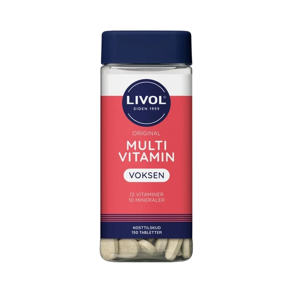 Pakke med Livol Multivitamin Voksen, kosttilskud med vitaminer og mineraler, 150 stk