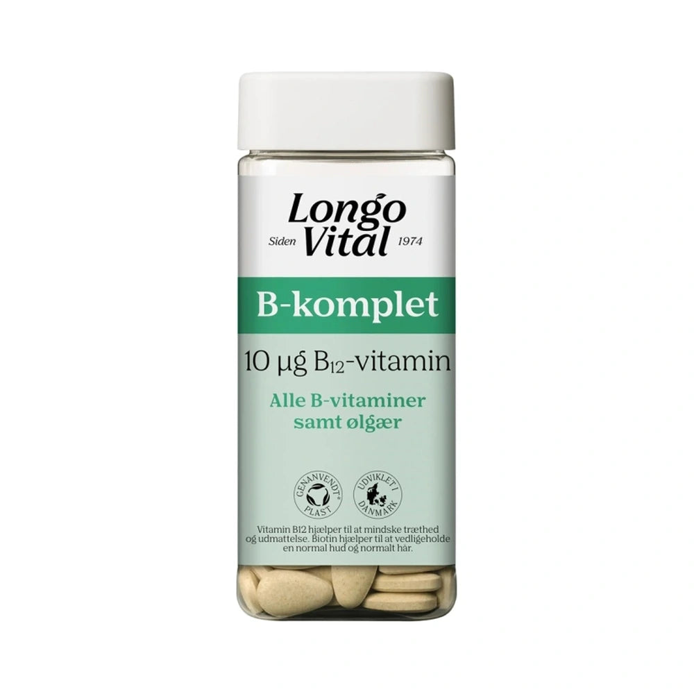 Pakning med Longo Vital B-Komplet kosttilskud med B-vitaminer og ølgær, 180 stk