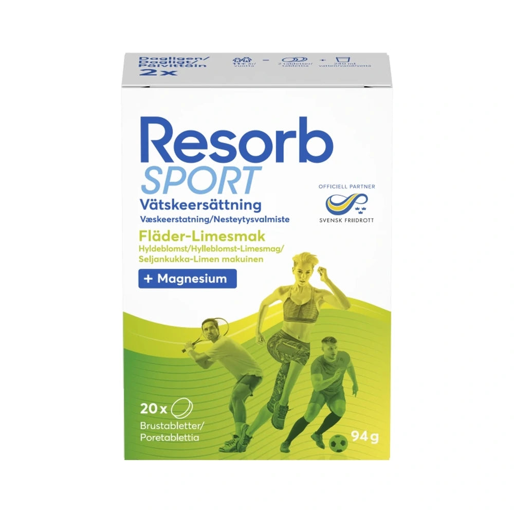 Pakning med Resorb Sport brusetabletter med hyldeblomst og lime, 2 x 10 stk