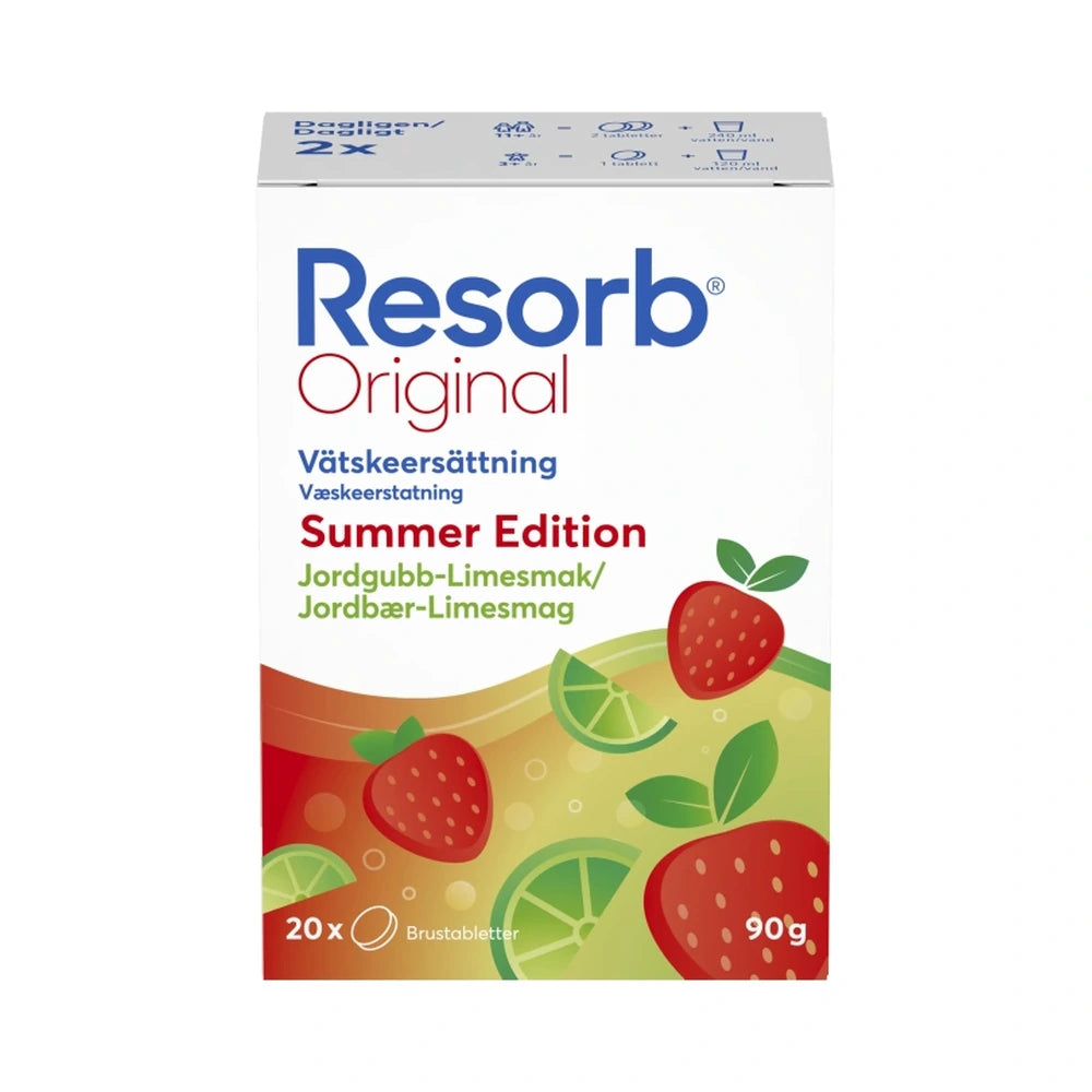 Pakning med Resorb Original brusetabletter med jordbær-lime, 2 x 10 stk