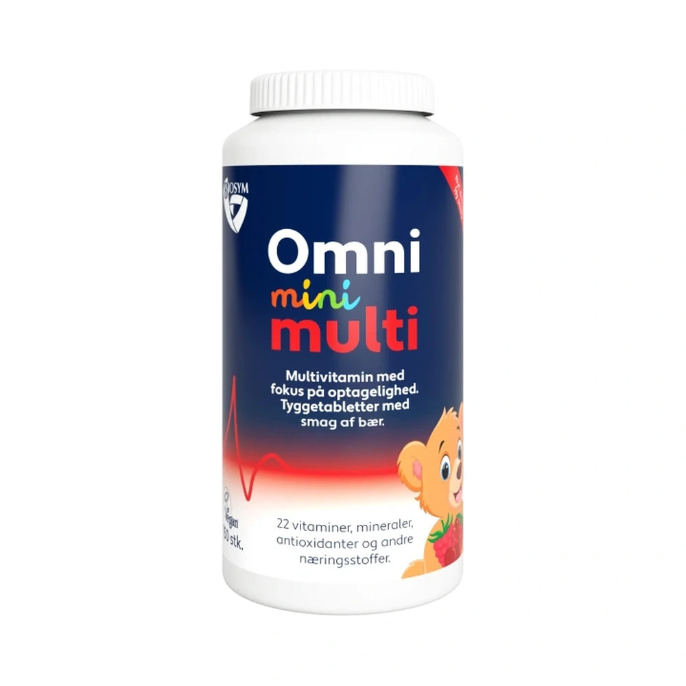 Pakning med Biosym OmniMini multivitamin tyggetabletter til børn, 150 stk