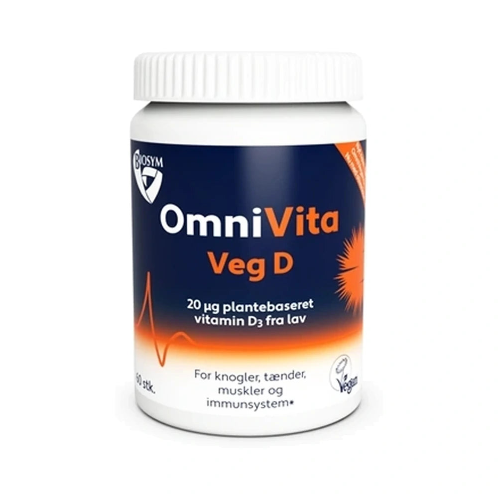 Pakke med Biosym OmniVita Veg D vegansk D-vitamin, 60 kapsler