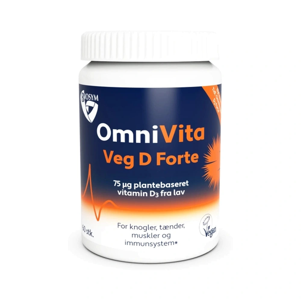 Pakning med Biosym OmniVita Veg D Forte vegansk vitamin D3 kapsler, 60 stk