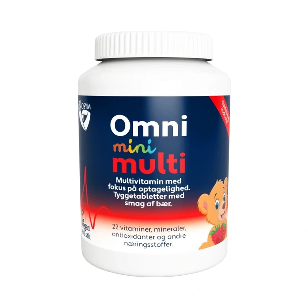 Pakning med Biosym OmniMini Multi multivitamin tyggetabletter til børn, 60 stk