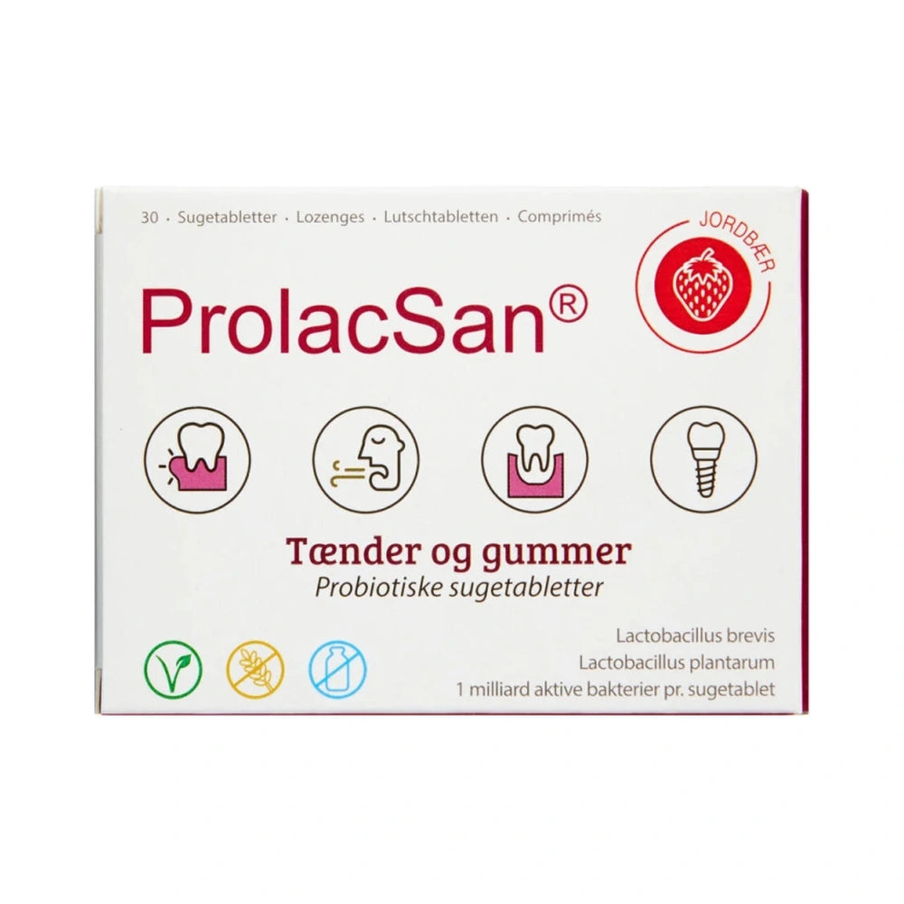 Pakke med ProlacSan sugetabletter med jordbærsmag, 30 stk