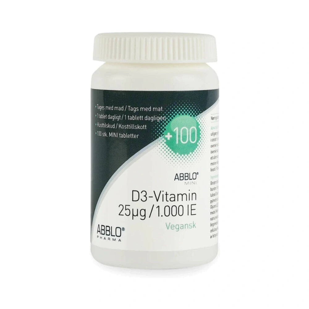 Pakke med ABBLO vegansk D3-vitamin 25 µg, 100 tabletter