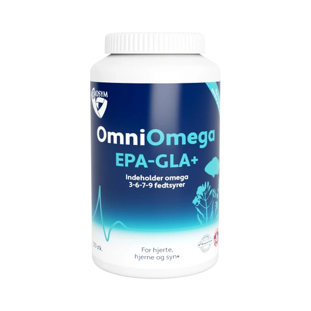 Pakke med Biosym OmniOmega EPA-GLA+ omega-tilskud, 100 stk