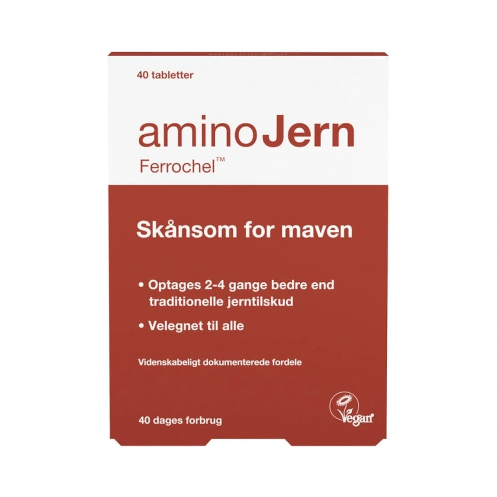 Pakke med AminoJern Ferrochel jerntilskud, 40 tabletter