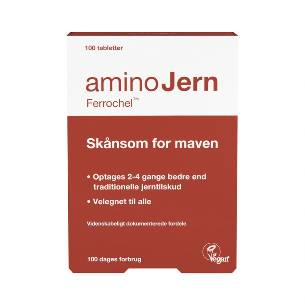 Pakke med AminoJern Ferrochel jerntilskud, 100 tabletter