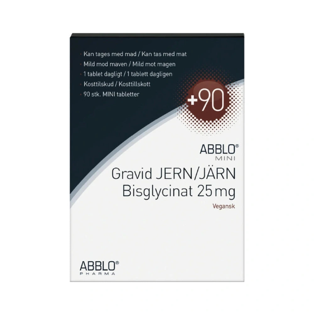 Pakke med ABBLO Gravid jern bisglycinat 25 mg, 90 tabletter