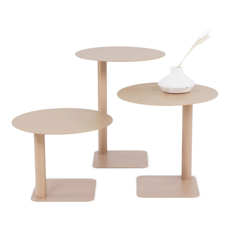 Triffel - Sofabord i champagnefarvet metal, 3 modeller 3 borde ø 40 cm, 3 højder