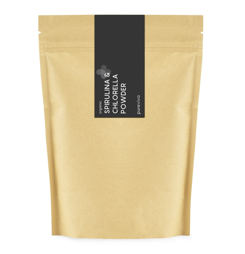 Pureviva økologisk pulver med spirulina og chlorella i 250 g pakning