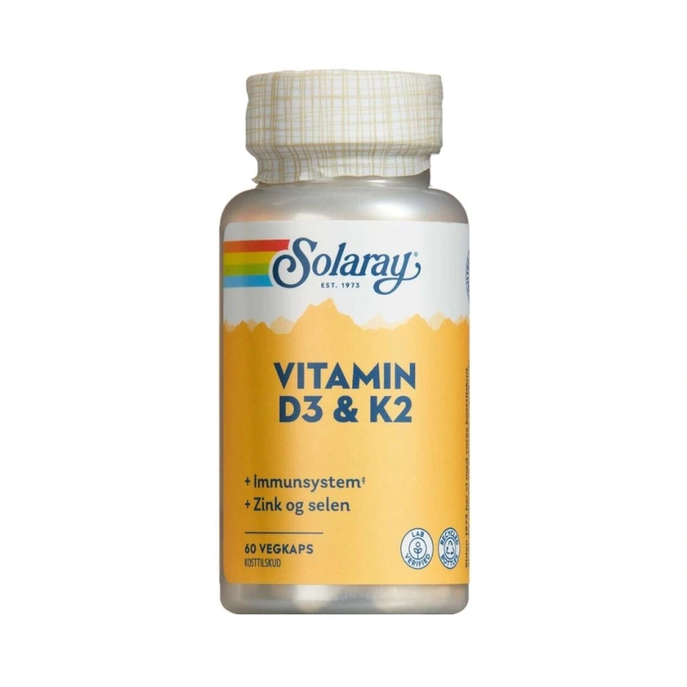 Pakning med Solaray Vitamin D3 & K2 kosttilskud, 60 kapsler