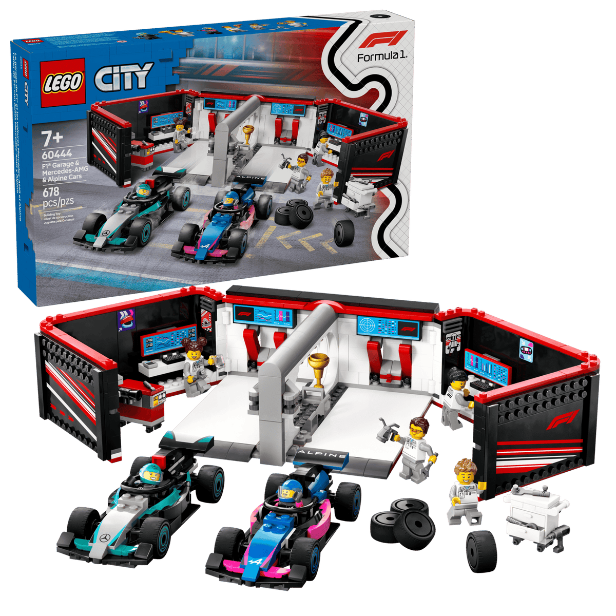 LEGO City F1-garage med Mercedes-AMG og Alpine-modelbiler, sæt 60444 med bærehåndtag