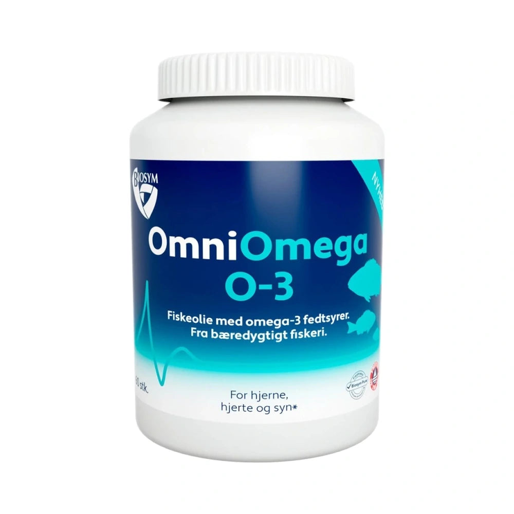Pakning med Biosym OmniOmega O-3 omega-3 kosttilskud, 60 stk.
